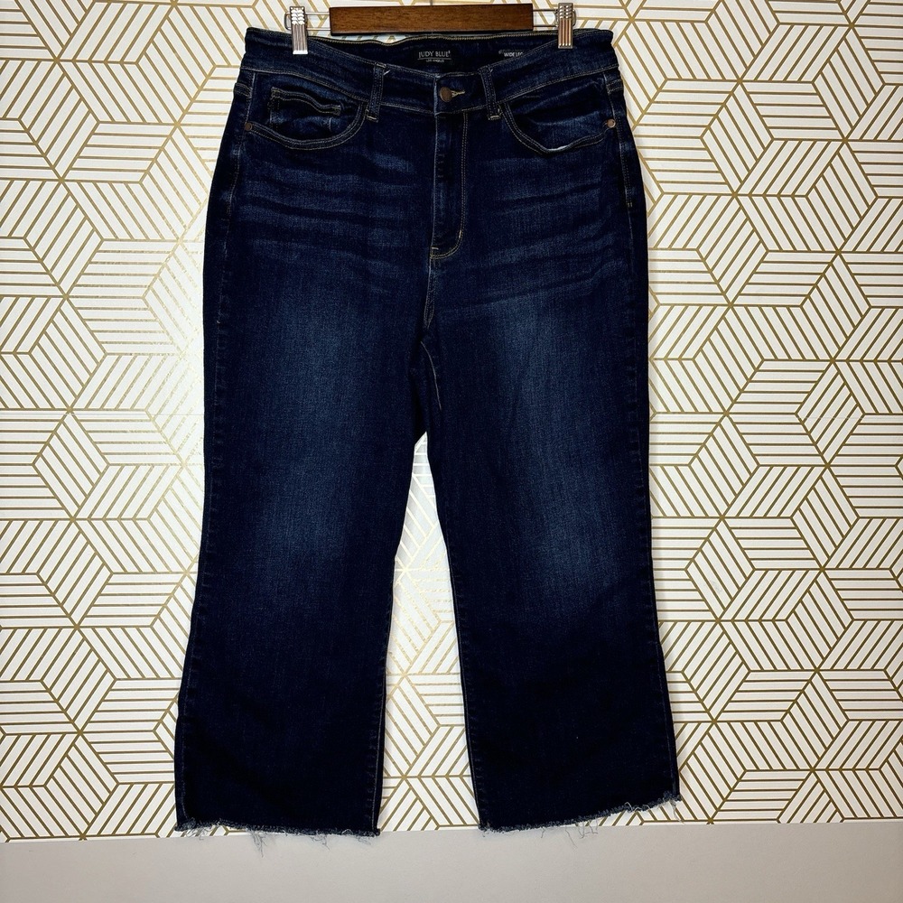Judy Blue Wide Leg Cropped Stretch High Rise Jeans Womens 16W Raw Hem Dark Denim